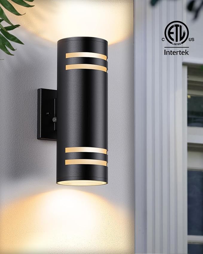 SHIMR Modern Outdoor Wall Lights Dusk to Dawn, Aluminum Outdoor Light Fixture with LED Bulbs, Black Cylinder Outdoor Sconce Up and Down Outside Lights for House Porch Garage, ETL Listed
