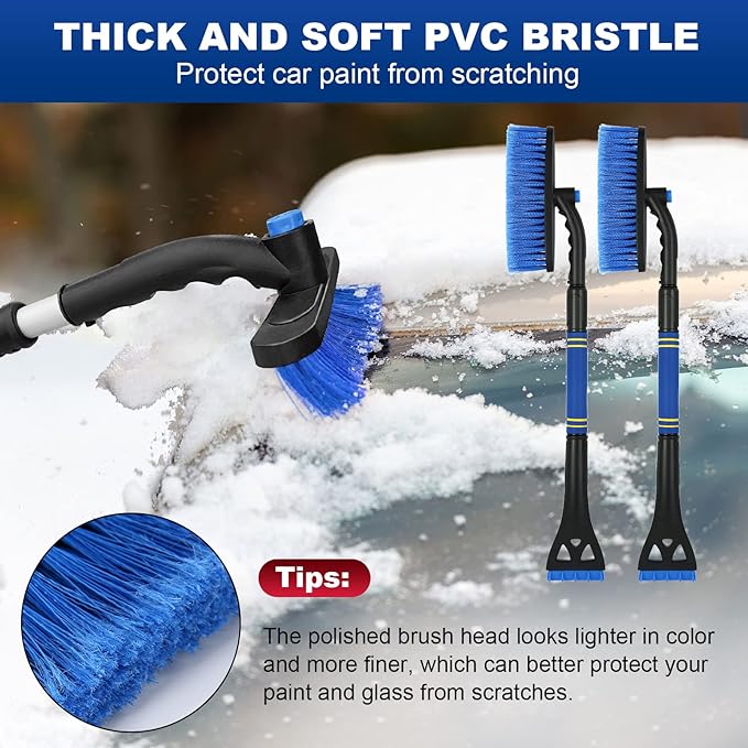 2PCS Ice Scrapers for Car Windshield, 2-in-1 Snow Scraper and Snow Brush for Car SUV Truck, Car Ice Windshield Scraper for Ice and Snow with 360° Pivoting Brush and Ergonomic Foam Grip Blue