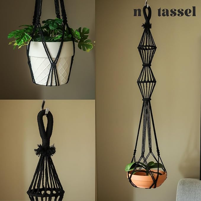 2Pcs Macrame Plant Hangers Indoor Macrame Hanging Planters Large for up to 10 inch Pot No Tassels Long Crochet Boho Plant Hanger Holder for Indoor Outdoor Plants Different Size 35”/39" (Black)