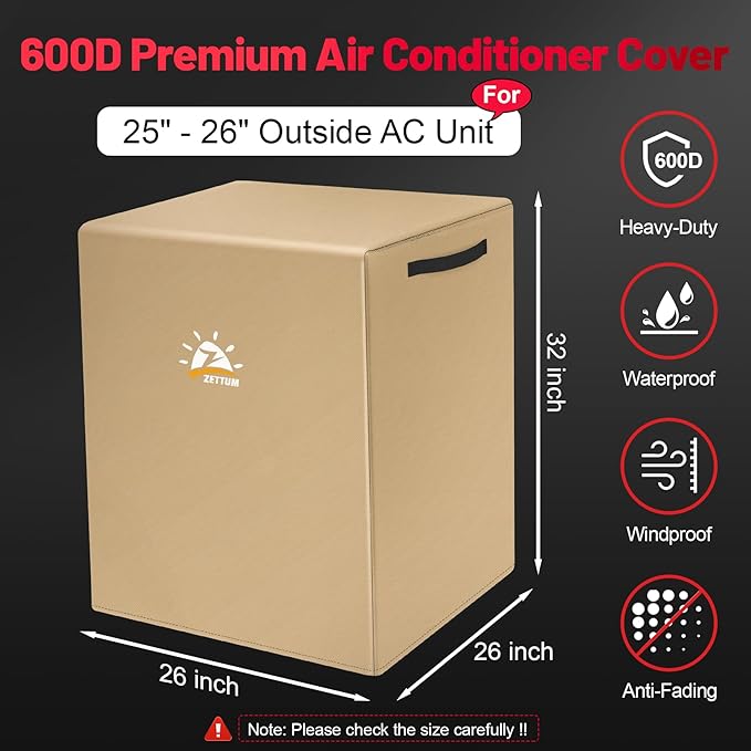 Zettum Air Conditioner Cover for Outside Units 26 Inch - 600D Air Conditioning AC Covers Waterproof, Outdoor Winter Cover for Central AC Condenser, Pool Heater, Heat Pump, HVAC and More