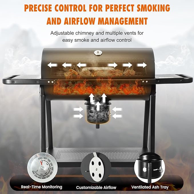 Realcook BBQ Barrel Charcoal Grill: Spacious Premium Outdoor Barbecue Grills with Side Tables - Perfect for Outdoor Cooking Backyard Grilling Patio Tailgating Camping Picnic and Party