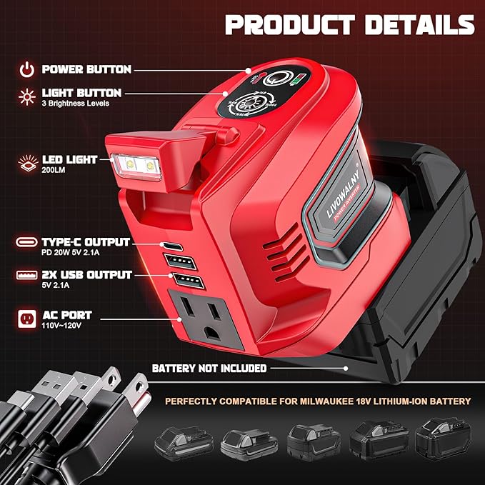 200W Power Inverter Compatible with Milwaukee, DC 18V to AC 110-120V Battery Inverter, Portable Power Station Generator, Charger Adapter Battery Powered Outlet w/ 2 USB Ports & 1 Type-C & 1 AC Outlet