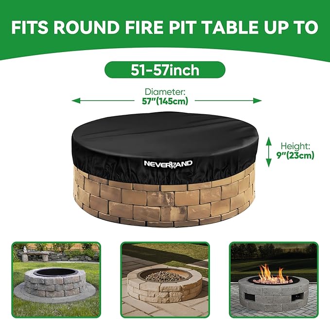 NEVERLAND Round Fire Pit Cover for In-Ground Fire Pits, 52-57 Inch Heavy Duty 600D Waterproof Outdoor Firepit Cover, Fits Built-In Stone Fire Pits, Black