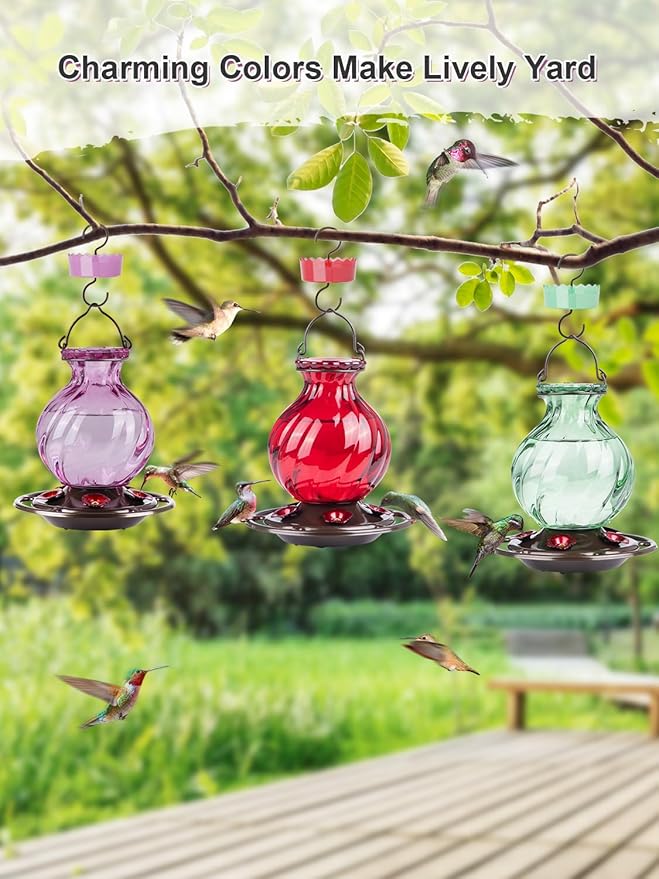 Auslar 26 Ounces Hummingbird Feeder, Purple Hummingbird Feeders for Outdoors Hanging, Ant Moat and 5 Flower Feeding Ports, Fade Proof, Rustproof, Leakproof, Netted Flower Bud Shape Bottle