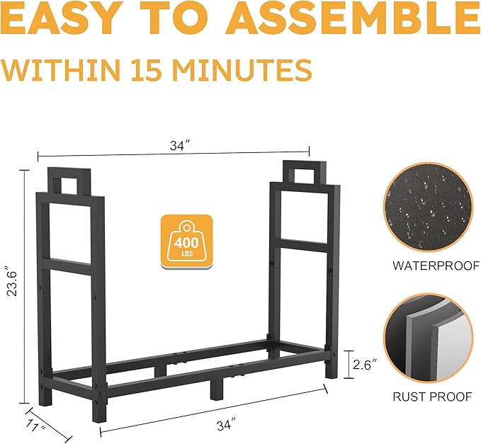 34 Inch Firewood Rack Outdoor Indoor with Handle and Log Carrier Bag, Stable Metal Wood Rack Heavy Duty Log Holder for Fireplace Patio Deck, Rustproof Firewood Storage Organizer Tool, Black, Square