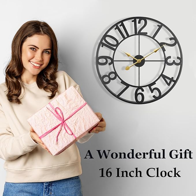Large Outdoor Clock, Silent Non-Ticking Battery Operated Outdoor Wall Clock, Black Modern Metal Wall Clock for Patio, Porch, Pool Area, Kitchen, Bedroom, Living Room, Farmhouse Decor - 16 Inch