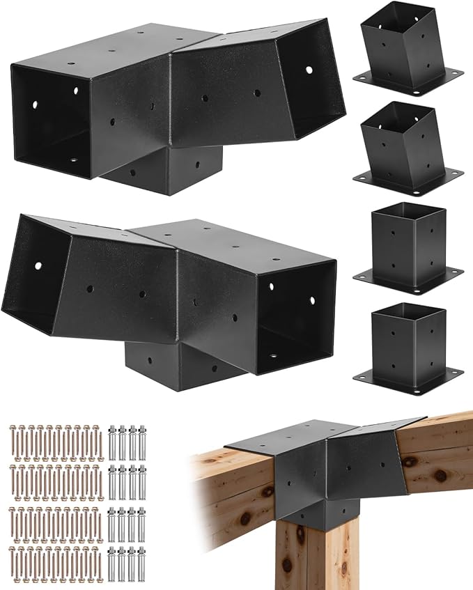 VEVOR Pergola Kit, 4x4 Inch 3-Way Slanted Brackets for 3.5x3.5 Inch Wood Beams in Actual Size, 2-Pack Pergola Brackets with 2 Post Bases and 2 Wall Mount Bases, for Outdoor Pergolas, Gazebos, Sheds