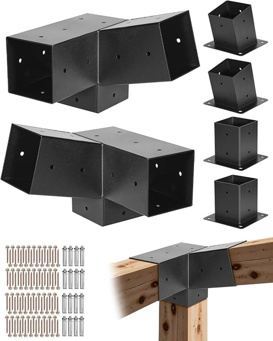 VEVOR Pergola Kit, 4x4 Inch 3-Way Slanted Brackets for 3.5x3.5 Inch Wood Beams in Actual Size, 2-Pack Pergola Brackets with 2 Post Bases and 2 Wall Mount Bases, for Outdoor Pergolas, Gazebos, Sheds