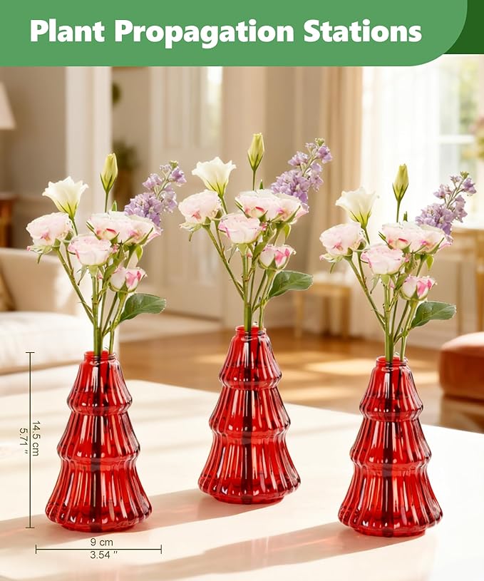 Nacome 3Pcs Tree-Shaped Glass Plant Terrarium,Planter Propagation Station Christmas Tree Decorations for Hydroponics Home Office, Unique Gifts for Plant Lovers Women Mom(Red)