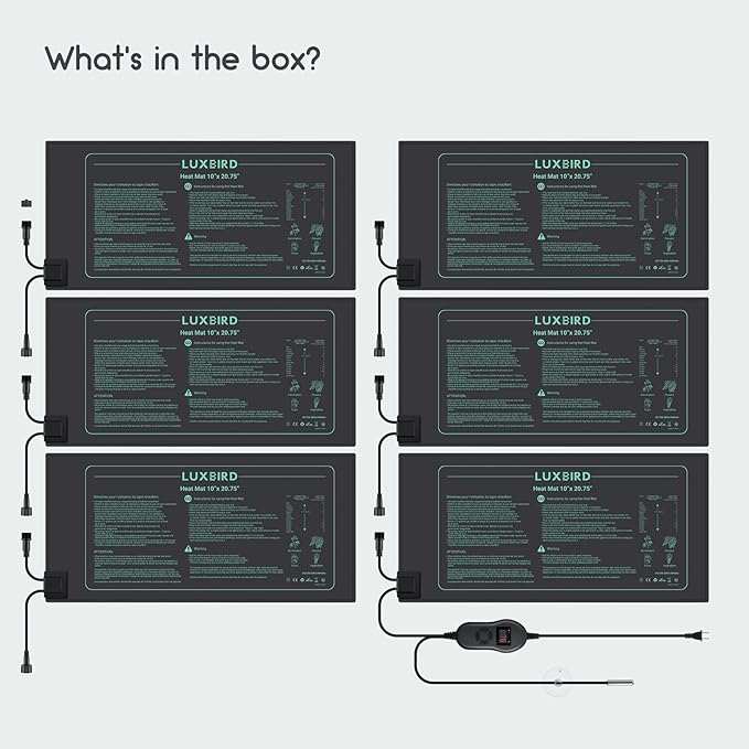 LUXBIRD 6 Pack 30W Seedling Heating Mats 10" x 20.75" with Thermostat Controller, Idea for Seed Starting, Germination, Greenhouse (LB-HT06)