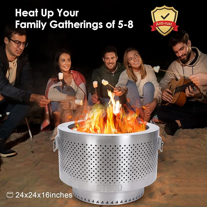 STBoo 20Inch Large Firepit - Fire Pits for Outside with Portable Carrying Storage, Outdoor Fireplace for Camping Picnic Backyard Beach,Stainless, L