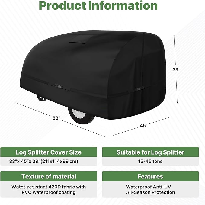 Cartist Log Splitter Cover Waterproof(83 "L X 45 "W X 39 ") Suitable for 15-45 ton log splitter cover All Weather Protection Resistant to rain,snow,wind,UV wood splitter cover- black