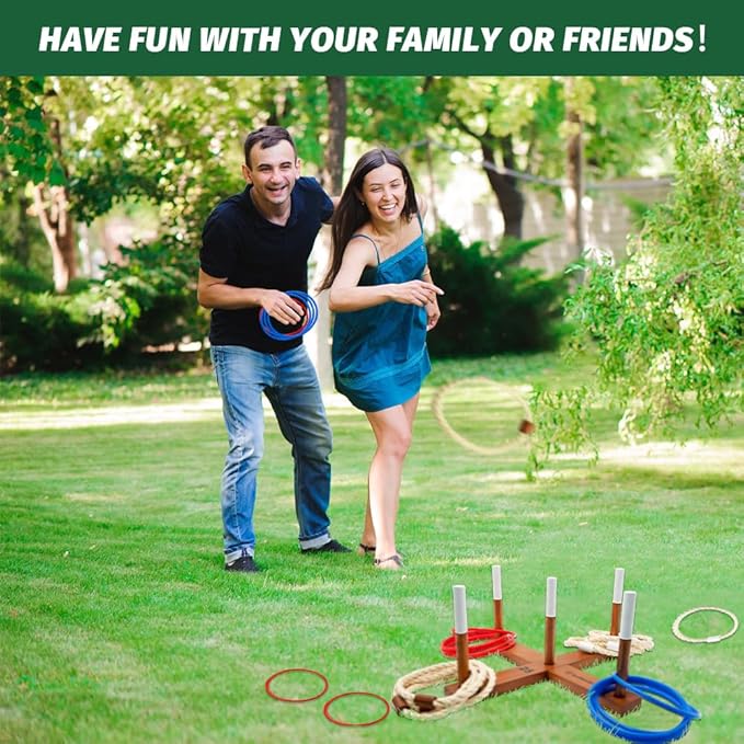 Wooden Ring Toss Game Set, Backyard Beach Camping Game with Toss Rings & Portable Carrying Bag, Outdoor Lawn & Yard Games for Kids, Adults & Family