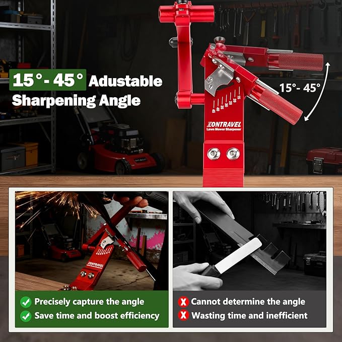 Upgraded Lawn Mower Blade Sharpener with Ball Bearing Manufacture Handle and 15°-45° Adjustable Frame for Straight and Standard Lawnmower Blades,Blade Sharpner Kit with Balancer, 5005, Red