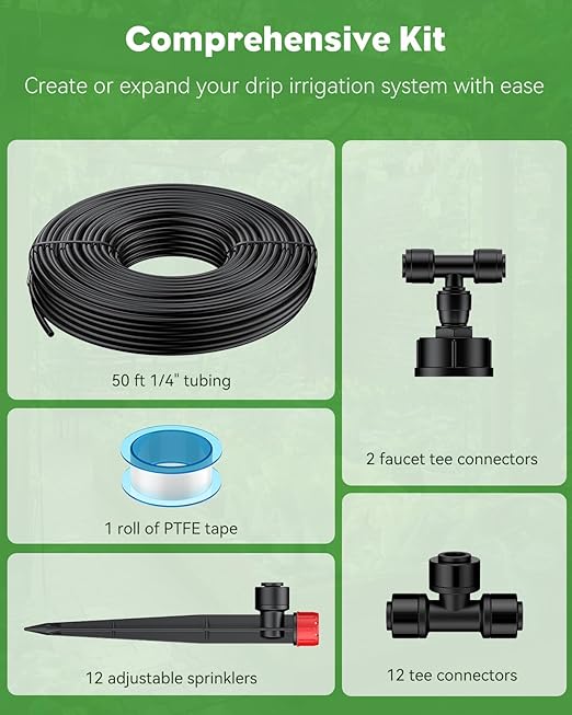 Pawfly 50ft Drip Irrigation System Kit - Quick-Connect Garden Watering System with 1/4" Tubing, Adjustable Emitters & Drip Irrigation Parts for Greenhouse, Lawn, Patio & Raised Beds