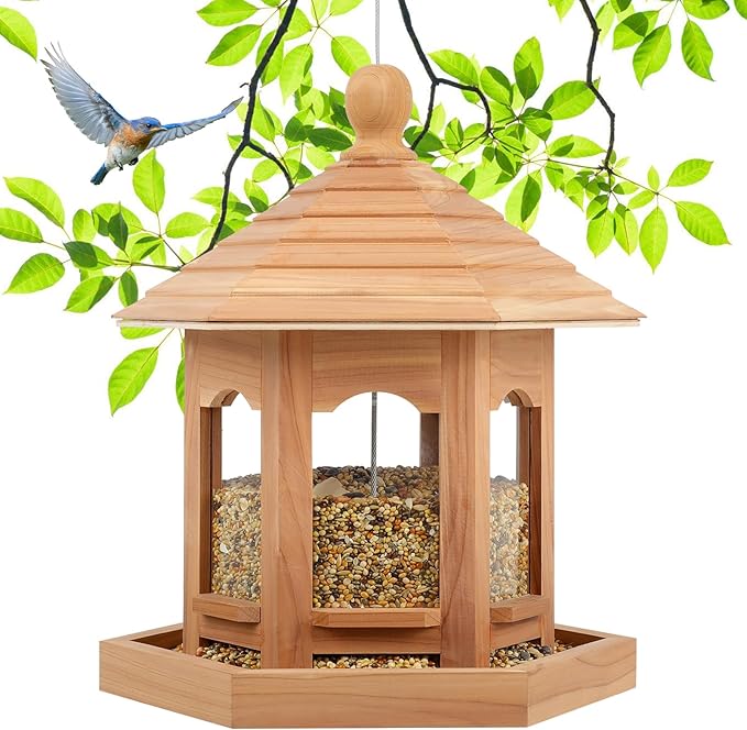 Wooden Bird Feeder for Outdoors Hanging, Red Cedar Hexagon Shaped Large Capacity, Cardinal Birdfeeder for Garden Decoration Yard, Weatherproof and Durable(Medium)