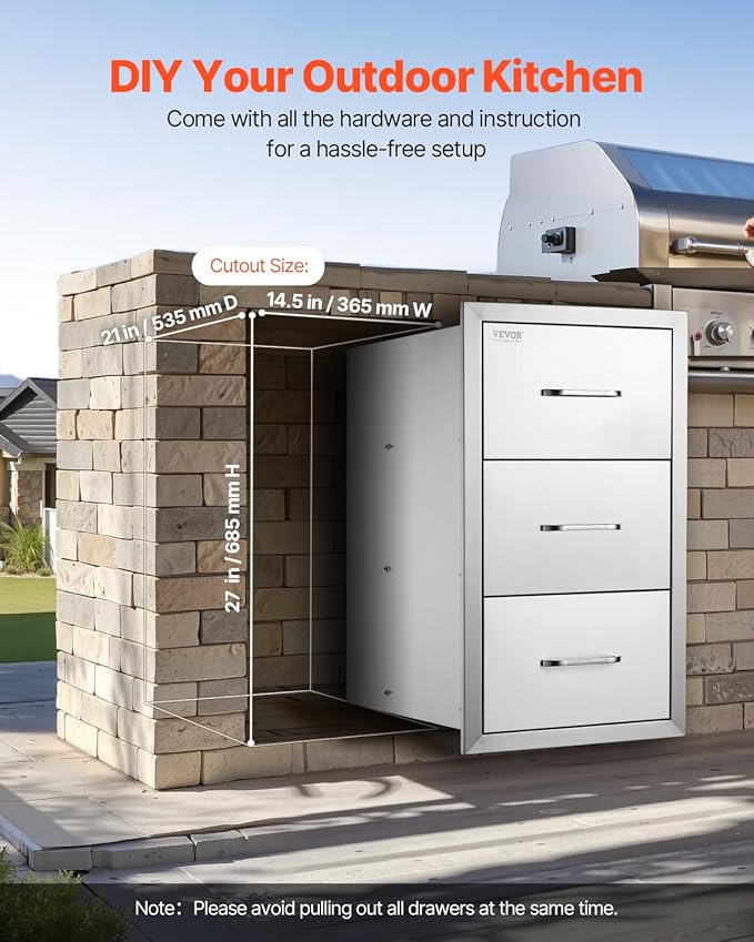 VEVOR Outdoor Kitchen Drawers 16" W x 28.5" H x 20.5" D, Flush Mount Triple Access BBQ Drawers with Stainless Steel Handle, BBQ Island Drawers for Outdoor Kitchens or BBQ Island Patio Grill Station