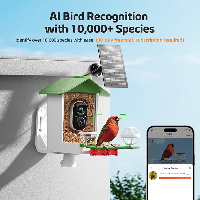 Bird Feeder with Camera 2K HD AI Smart Identify BirdSpecies Solar Panel Outdoors Birdhouse with Cam, Instant Arrival Alerts, Capture BirdVideo, Gifts for Mom Dad (Green)