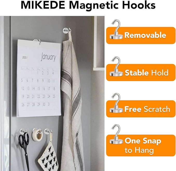 MIKEDE Magnetic Hooks Heavy Duty,110LB+ Strong Magnet with Hook, Super Neodymium Cruise Hooks, Locker Organizer Industrial Hooks for Hanging, Magnetic Hanger for Cruise, Grill - 8 Pack