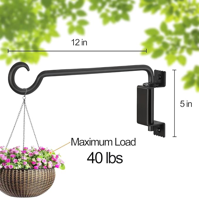 12 Inch Outdoor Hanging Brackets - 360° Swivel Plant Hanger with 12-Directional Adjustable Hook, Rust Resistant Solid Steel Wall Mount for Bird Feeders, Indoor/Outdoor Plants, Garden & Patio
