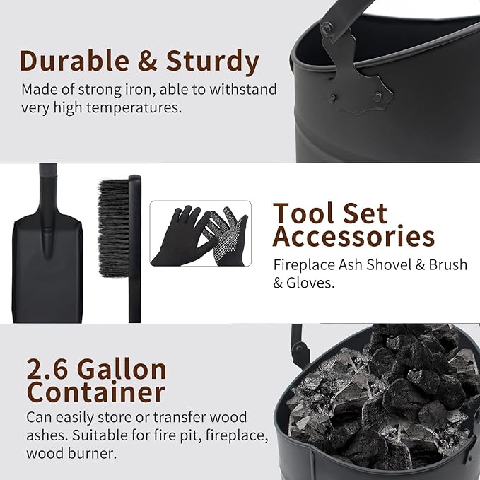 Poofzy Ash Bucket - 2.6 Gallon Metal Ash Bucket, Includes Shovel, Broom and Gloves for Wood Stove, Fireplace and Fire Pit