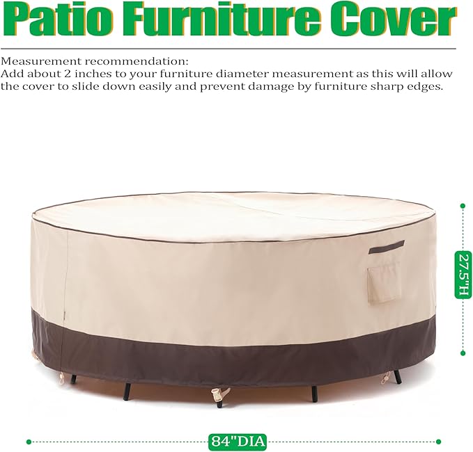 F&J Outdoors Patio Furniture Covers Waterproof UV Resistant Rip-stop Fabric Round Outdoor Furniture Covers, 84" Dia x 27.5" H