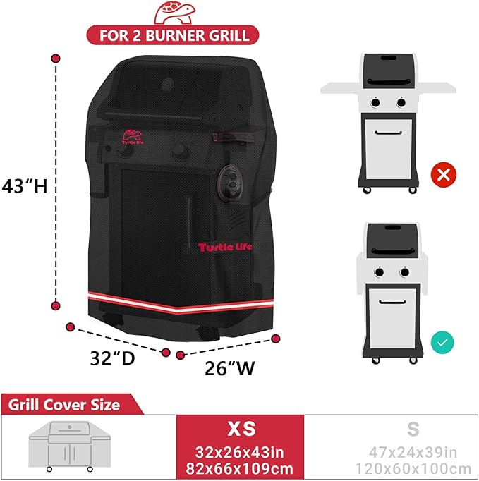 Turtle Life BBQ Grill Cover, 32 Inch Heavy Duty Waterproof 2 Burner Barbecue Gas Grill Covers for Weber Spirit Char-Broil Performance, Black
