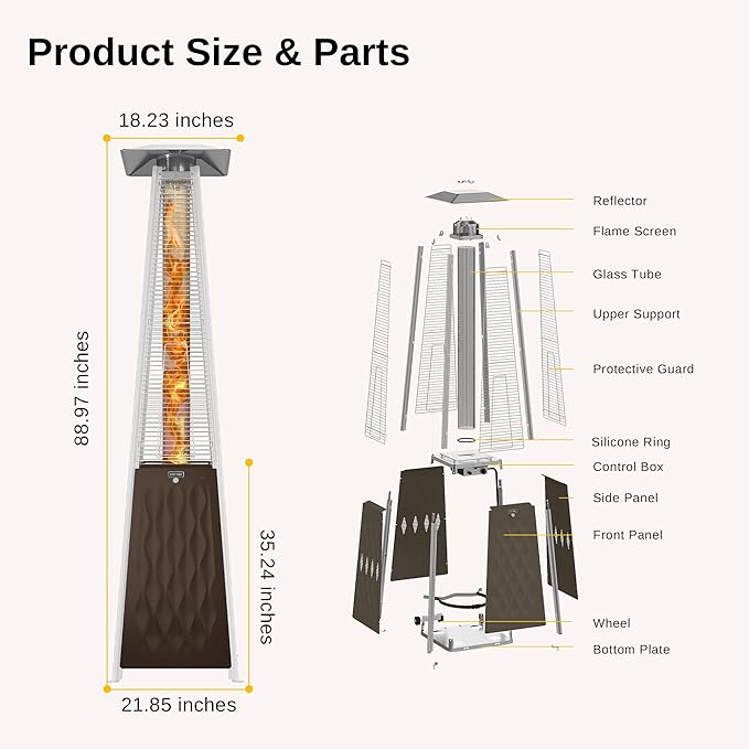 EAST OAK Pyramid Patio Heater, 48,000 BTU Outdoor Patio Heater, Quartz Glass Tube Propane Heater, Triple Protection System, With Wheels, Outdoor Heater for Commercial & Residential, Brown