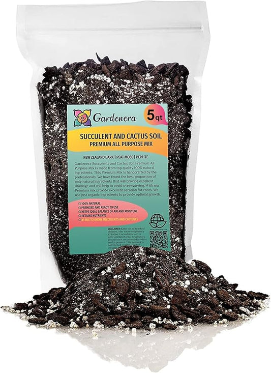 Gardenera Professional Succulent Soil Premium All Purpose Blend | Pre-Mixed Ready to Use for Cactus and Succulents | Sphagnum Peat Moss, Perlite, New Zealand Pine Bark - Made in USA - 5 Quart