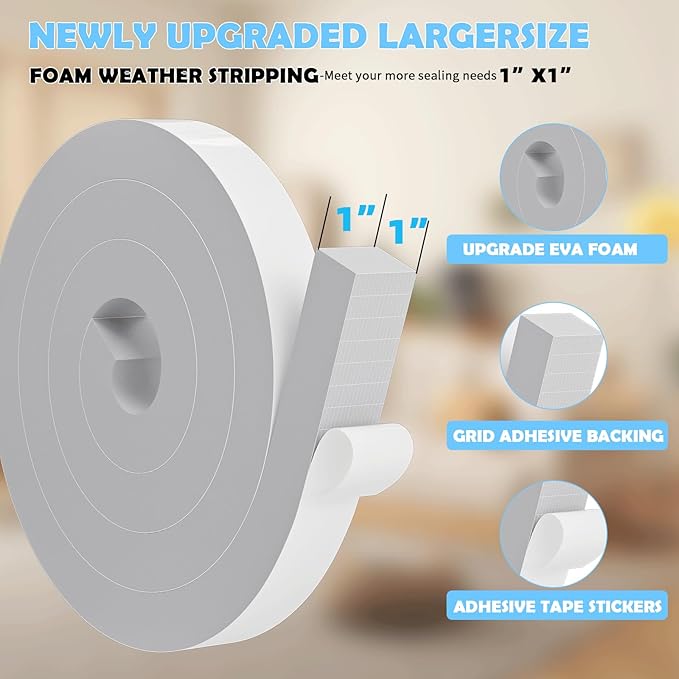 1"×1" EVA Foam Strip with Adhesive Weather Stripping Tape Larger Foam Weather Stripping Strip for Large Gap Insulation (1"×1",6.5FT,Grey)