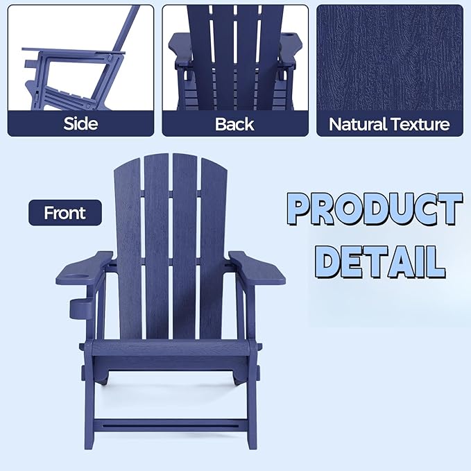 Adirondack Chair Set of 2, Plastic Adirondack Chairs, Outdoor Weather Resistant Lawn Furniture, Fire Pit Chair with Cup Holder for Garden Patio Without Screws Install, 400 LBS Capacity, Navy Blue