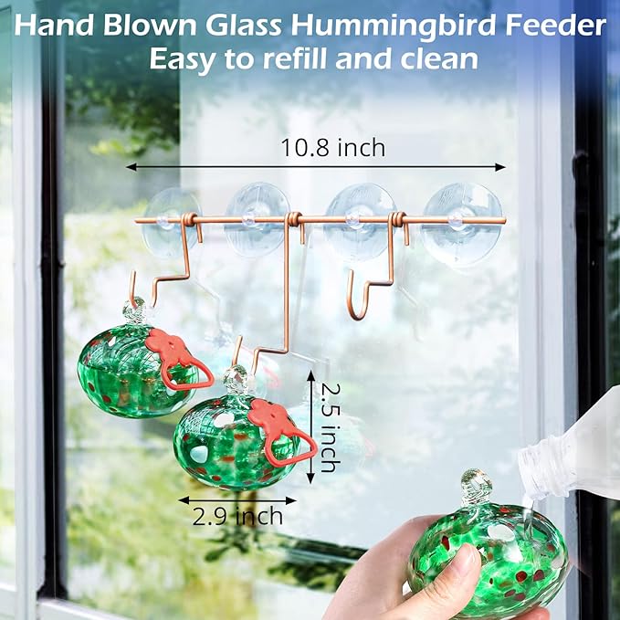 Window Hummingbird Feeder with Suction Cups,Hand-Blown Glass Hummingbird Feeders for Outdoors Window Mounted with Metal Hook,Close Bird Watching,Finch in Garden,Yard(Green)