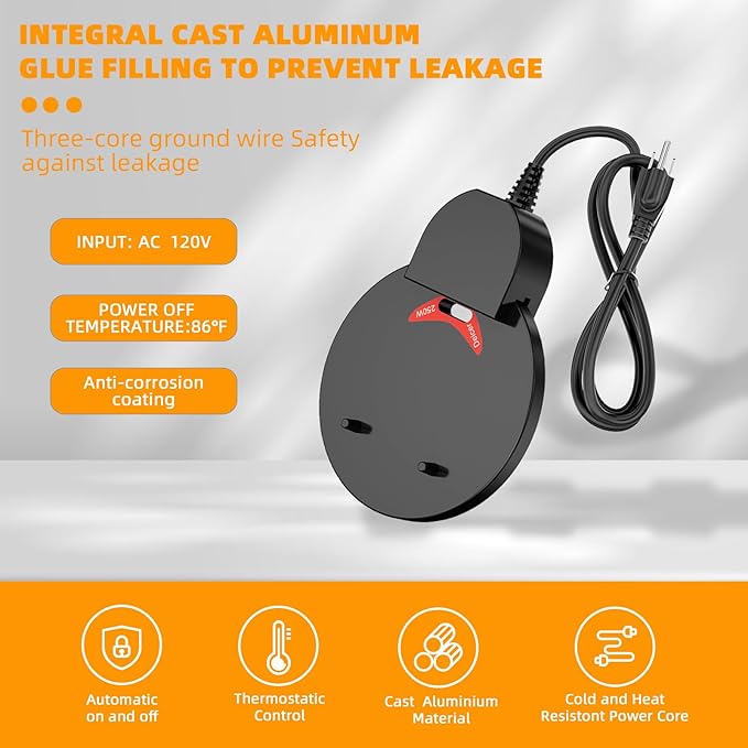 500W Chicken Water Heater w/Thermostat, Aluminum Cast Bird Bath Heater & Pond Deicer, Winter Trough Heater for Poultry, Horses, Cows