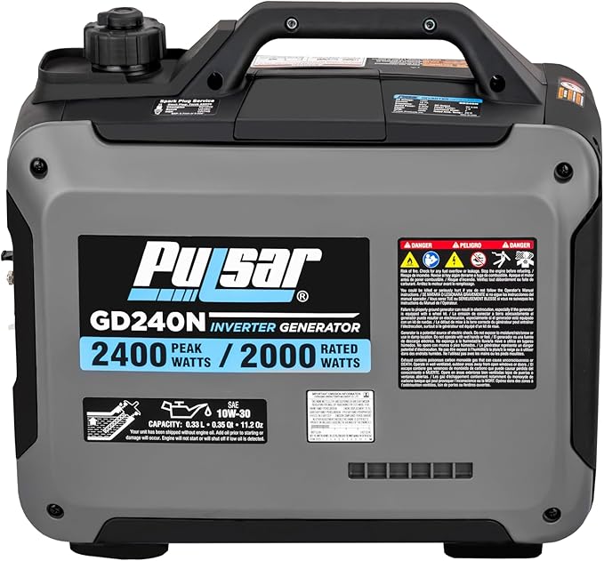 Pulsar 2,400W Portable Gas-Powered Quiet Inverter Generator With USB Outlet & Parallel Capability, GD240N