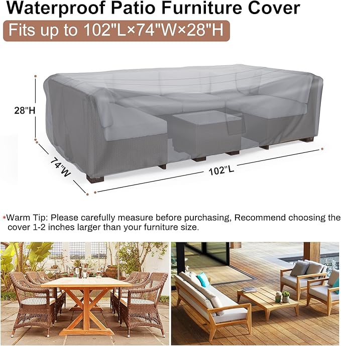Mrrihand Heavy Duty Patio Furniture Covers, Outdoor Furniture Covers Waterproof Sectional Sofa Set, Patio Table and Chair Set Cover 102" L×74" W×28" H,Grey