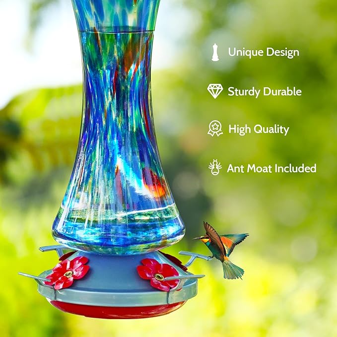 Hummingbird Feeder for Outdoors Hanging, Hand Blown Glass Hummingbird Present with Perch, Leak Proof, Never Fade, 4 Feeding Ports, 38 fl.oz, Include Hook, Ant Moat, Rope, Brush, Present for Garden