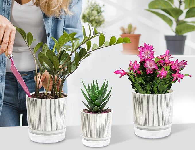 Self Watering Pots for Indoor Plants, 5 & 4 Inch Stylish Flower Pots, Set of 4 Modern Planters with Self Watering Plant Feature (Black Stripes)
