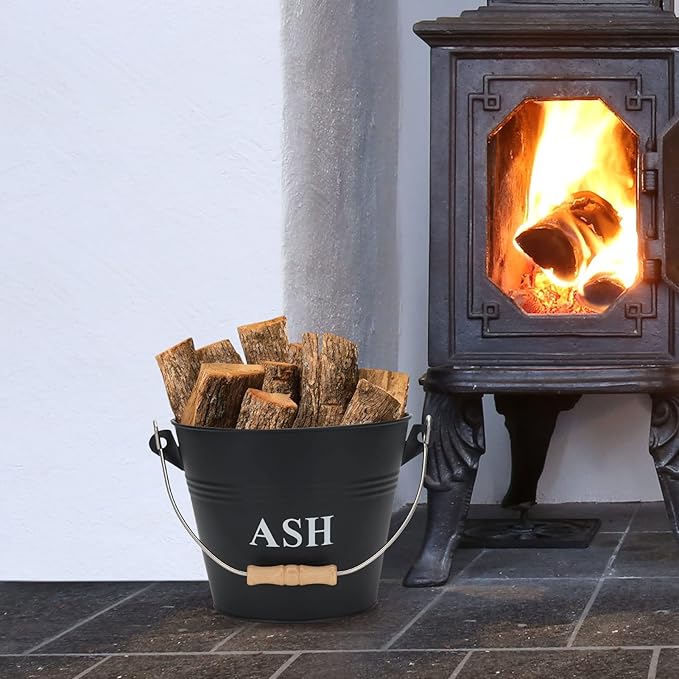 Mini Ash Bucket with Lid, Shovel and Broom, 1.5 Gallon Fireplace Metal Bucket with Lid, Charcoal Bucket and Ash Can for Fireplace, Fire Pits, Hearth, Wood Burning Stoves, Indoor and Outdoor