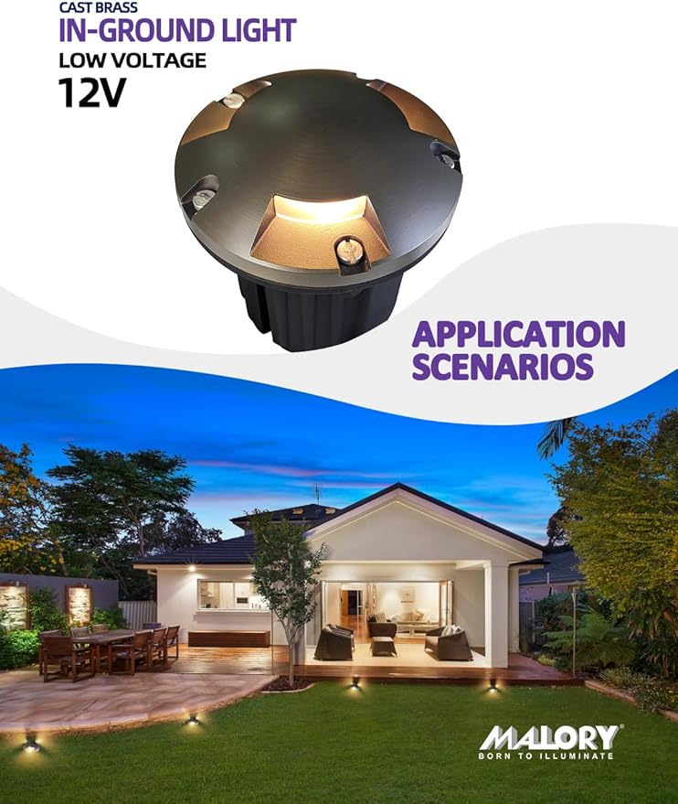 MALORY Brass Top Cover Landscape Well Lights,(5‘’H 12V Low Voltage Outdoor In Ground Lights,Landscape Lighting for Pathway, Driveway and Garden (Three-Direction Turret, 4-Pack with Bulb)