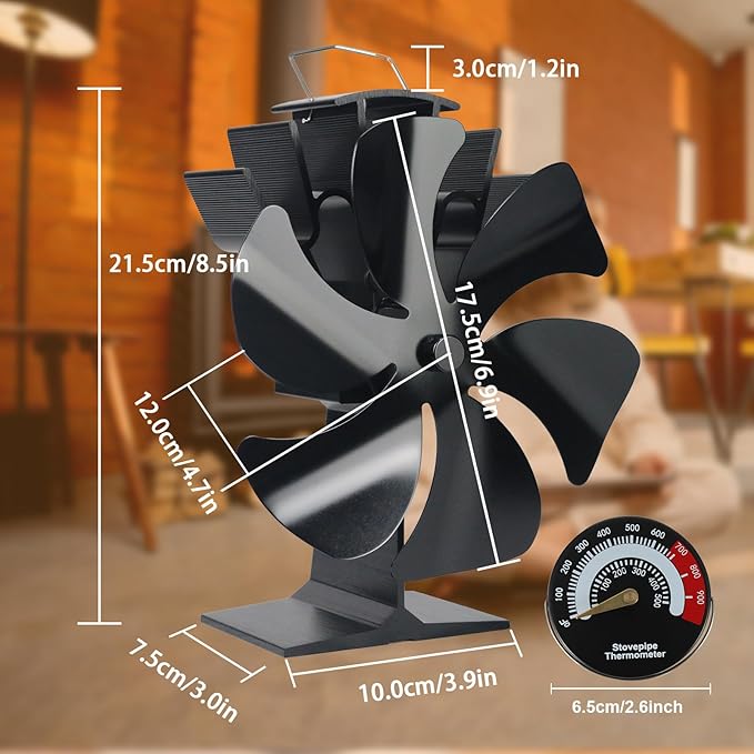 Tomersun Wood Stove Fan Heat Powered Stove Fan Heater Fireplace Fan for/Pellet/Wood Burner/Fireplace, with Thermometer