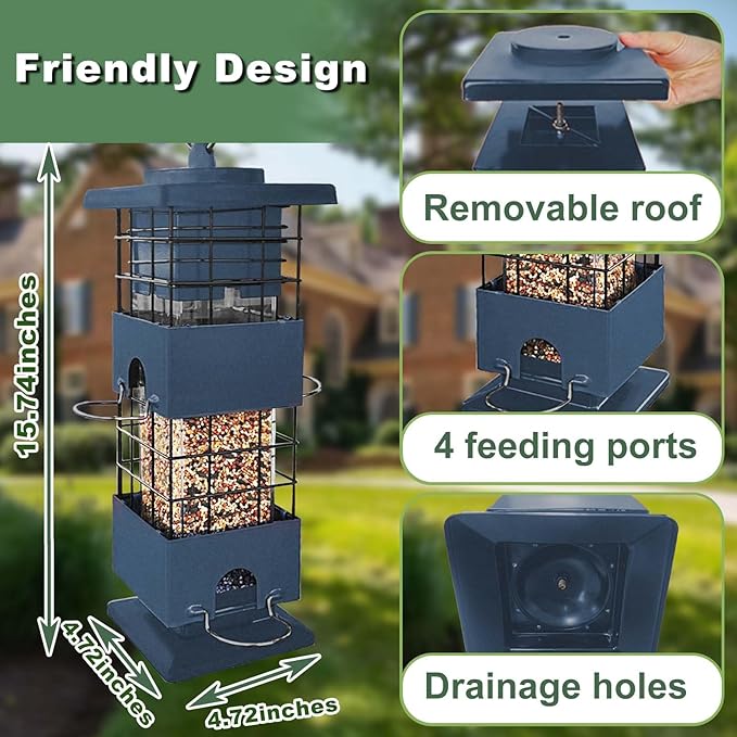Squirrel Proof Bird Feeder for Outdoors,3Lbs Metal Birdfeeders Squirrel Proof with 4 Feeding Ports for Outside, Birds Seed Feeder for Cardinal, Finch, Sparrow,Bluejay (Blue)