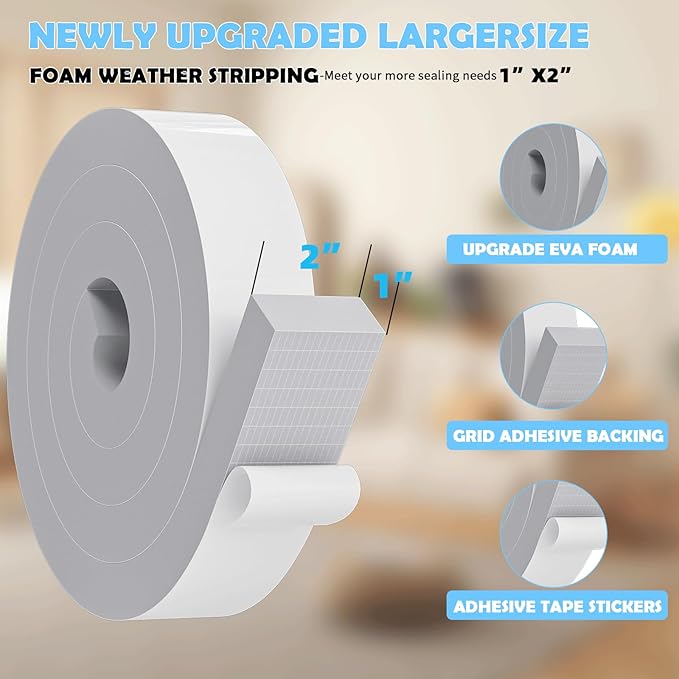 1"×2" EVA Foam Strips with Adhesive Weather Stripping Tape Larger Foam Weather Stripping Strip for Large Gap Insulation (1"×2",6.5FT,Grey)