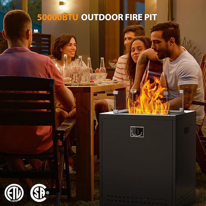 Fire Pit Table Propane Smokeless Fire Pit Outside Heater Patio with Lava Rocks,Glass Wind Guard and Cover,20" Square Fire Pit Table for Balcony Garden Outdoor Camping Deck Backyard,Black