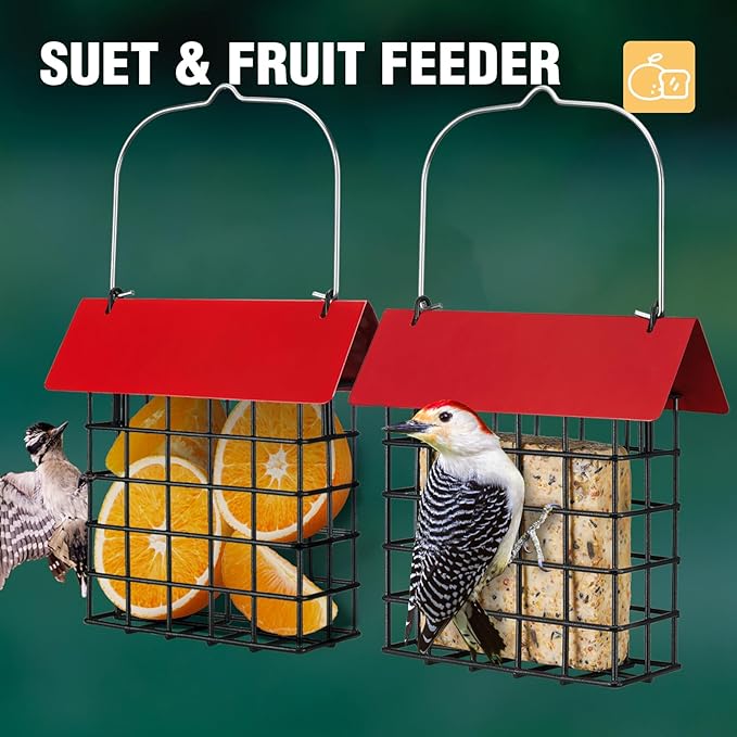 Veehoo 2Pcs Suet Bird Feeder for Outside Hanging with Metal Roof-Suet Cakes Cage Bird Feeder for Outdoors Hanging, Outdoor Garden Wild Bird Feeder Suet Holder, Woodpecker Feeder, Red