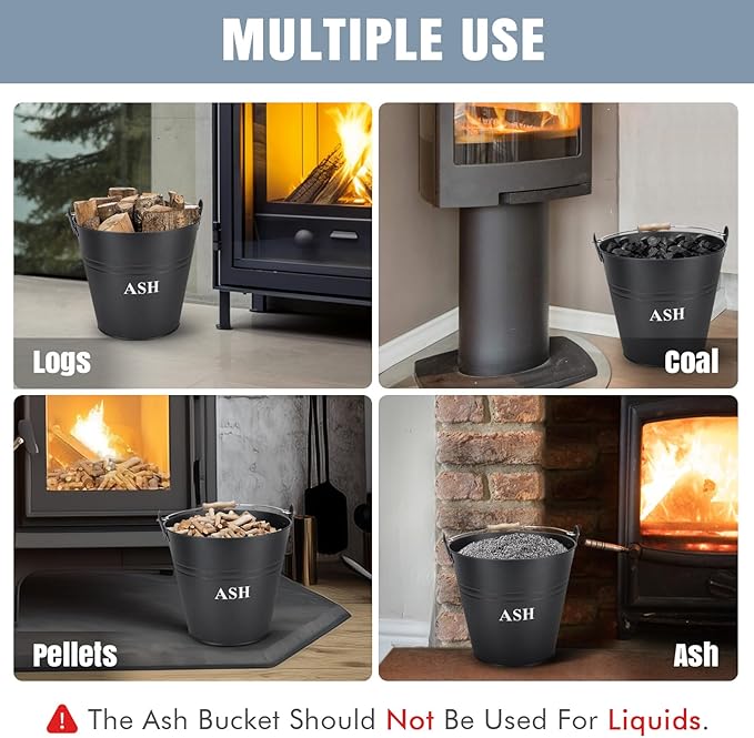 Ash Bucket with Lid, Shovel, and Broom - 3.5-Gallon Metal Ash Can for Fireplaces, Wood Stoves, and Fire Pits