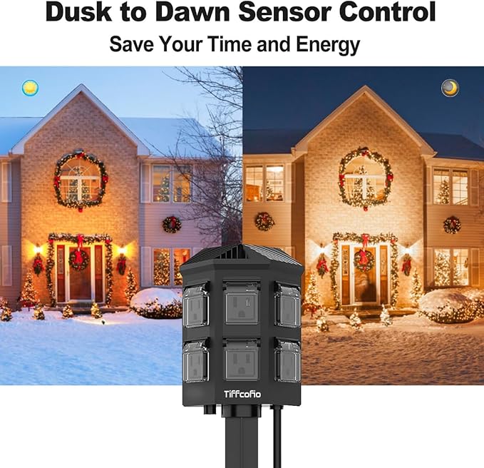 TiFFCOFiO Outdoor Power Strip with 60 FT Extension Cord, 100FT Remote Control, Dusk to Dawn Light Timer Waterproof, 6 Grounded Outlets for Yard, Pool and Garden, ETL Listed