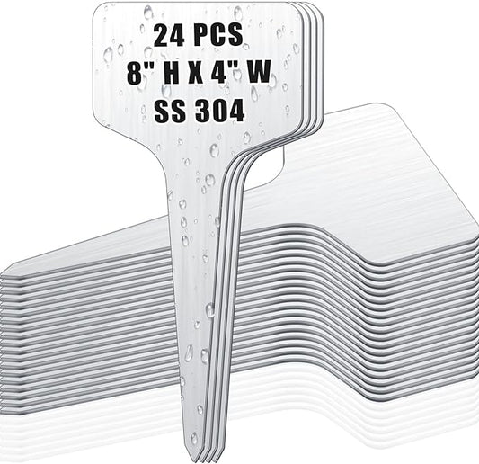 Hicarer 24 Pcs Durable Metal Plant Labels Christmas Gift Weatherproof Garden Markers Engraving Stainless Steel 304 T-Type Reusable Plant Tags for Gardeners Outdoor Greenhouse Vegetables(4x8 Inch)