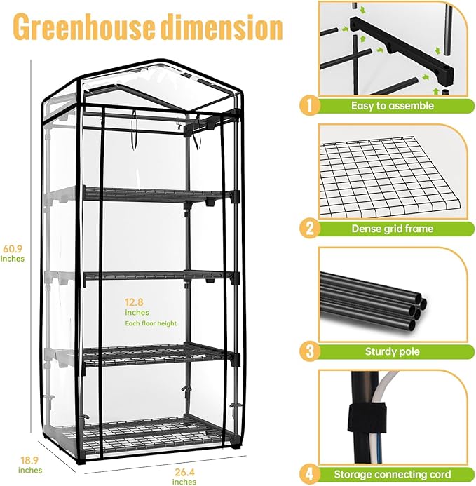 Mini Indoor Greenhouse with Grow Light - 4 Tier Outdoor Portable Greenhouse with Shelves, Waterproof PVC Cover and 4 Dimmable 1.6FT 20W Grow Lights, 26.4"(L) X 19"(W) X 61"(H)