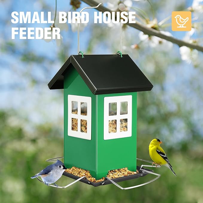 Veehoo Bird House Feeders for Outdoors Hanging-Metal Wild Bird House Feeders with 4 Ports, Country House Design, Garden Yard Decor Weatherproof Hanging Bird Feeder for Outside, Green