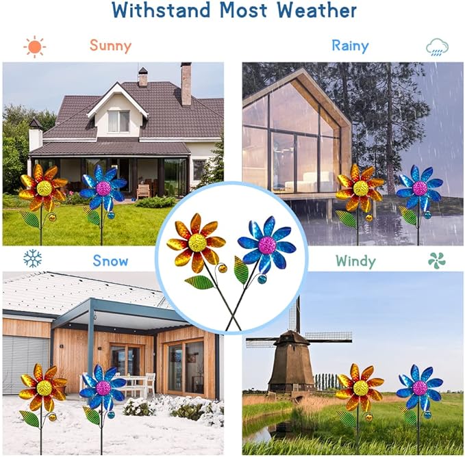 2Pack Garden Wind Spinners,Metal Wind Sculptures Outdoor Windmill Flower Pinwheel Decorations for Yard Lawn Patio Decor